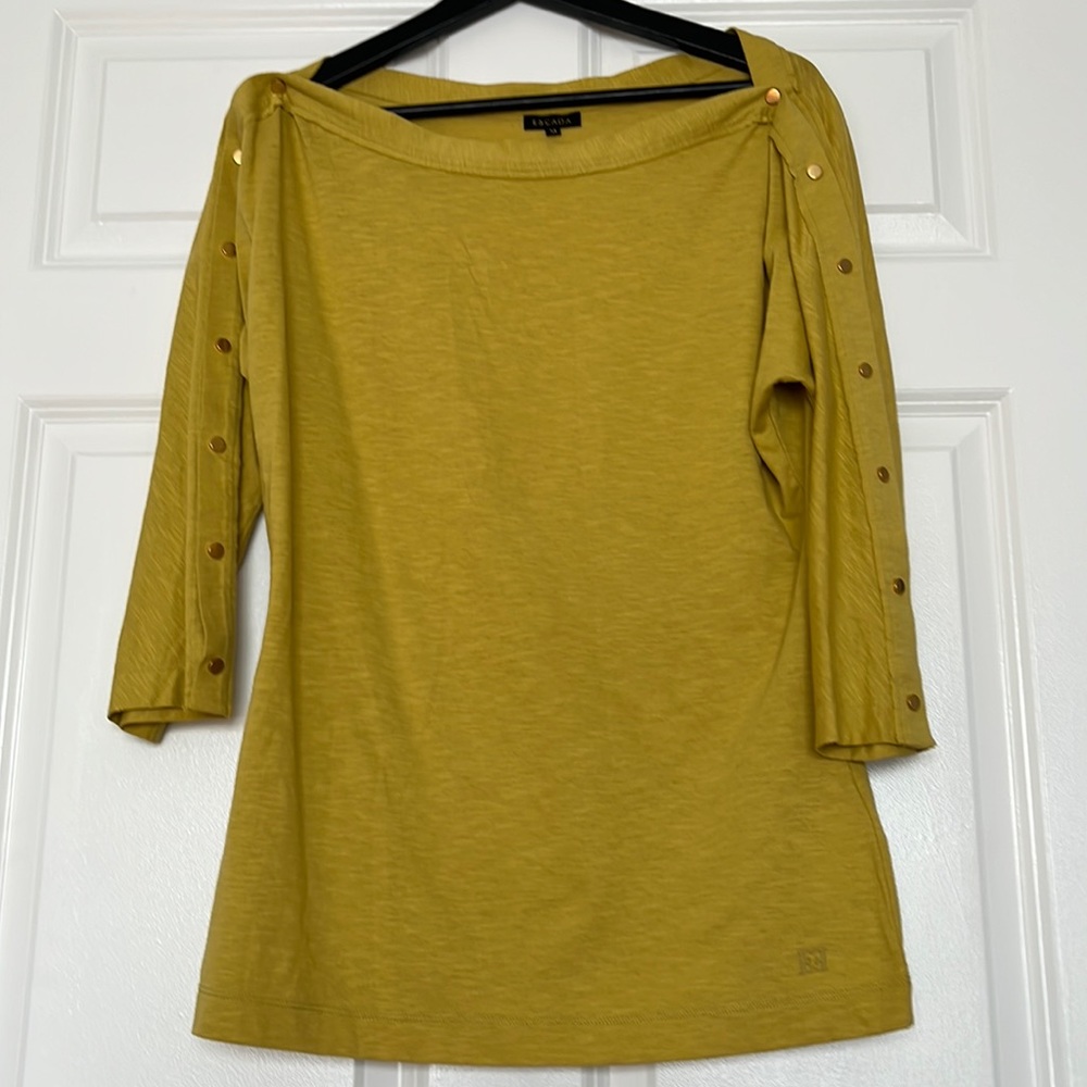 Escada Lime Green Blouse with Gold Button Accented Arms, Size M
